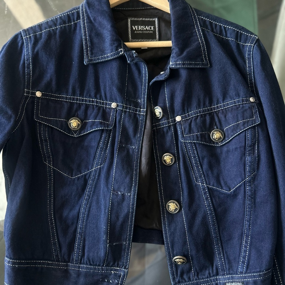 Versace Jeans Couture Dark Navy Denim Jacket with White Stitching